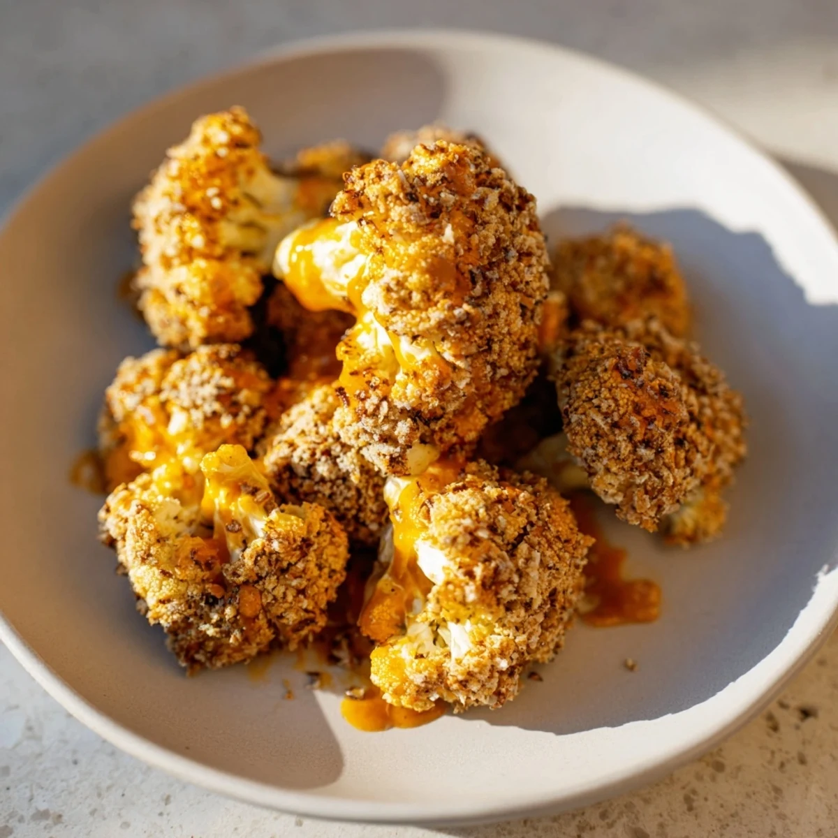 Golden-brown Crispy Air-Fryer Buffalo Cauliflower Bites, dripping with tangy buffalo sauce for a spicy snack.