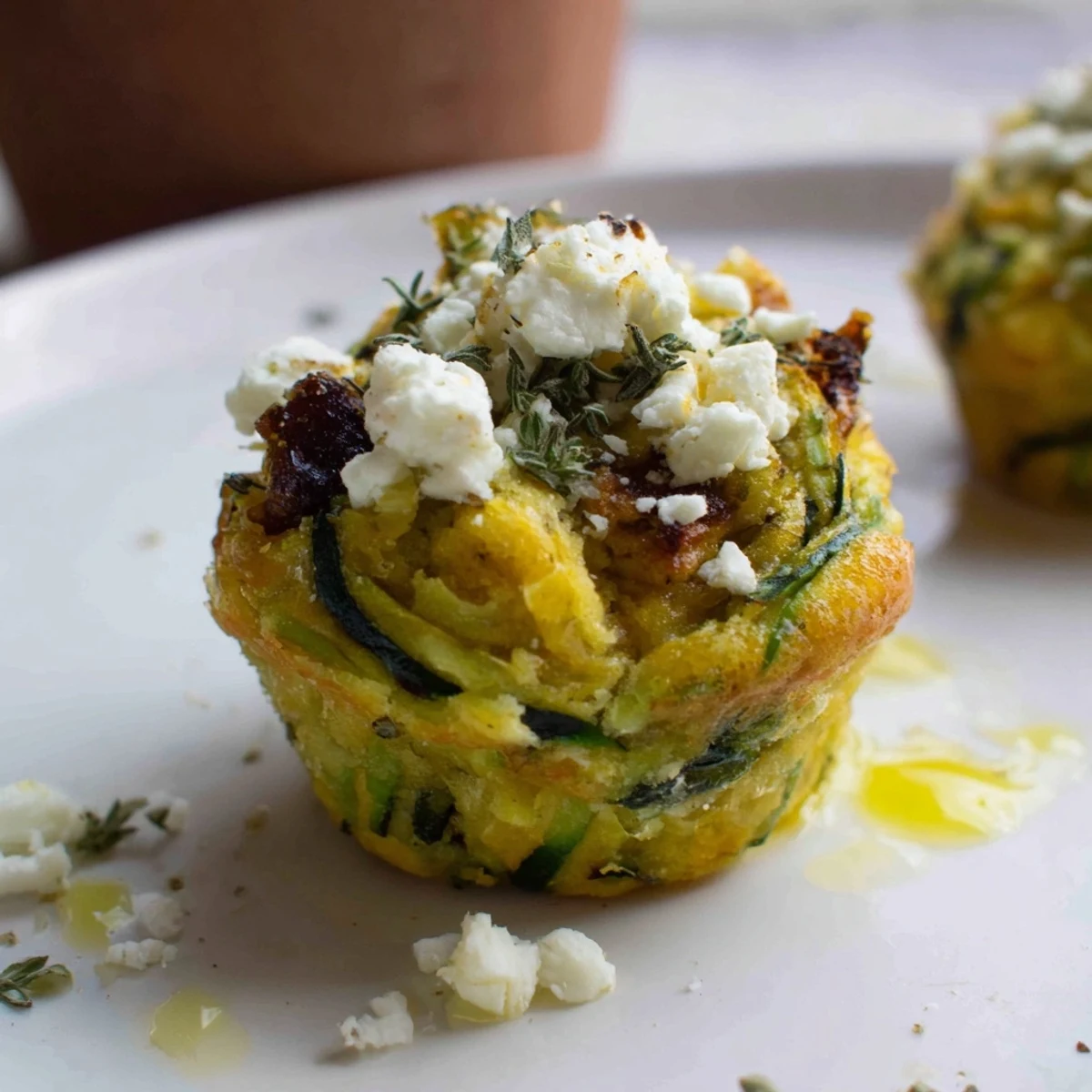 Golden brown Savory Zucchini and Feta Muffins, bursting with herbs and feta cheese, ready to enjoy.