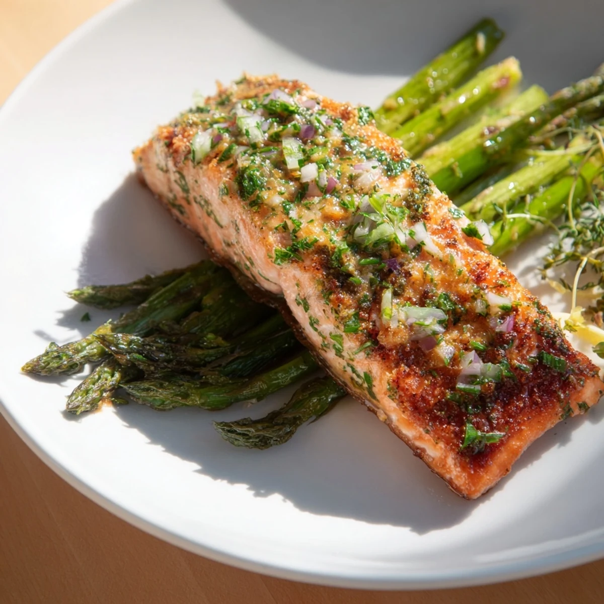 Golden, oven-baked Herb-Crusted Salmon with vibrant green asparagus, ready to be served with lemon.