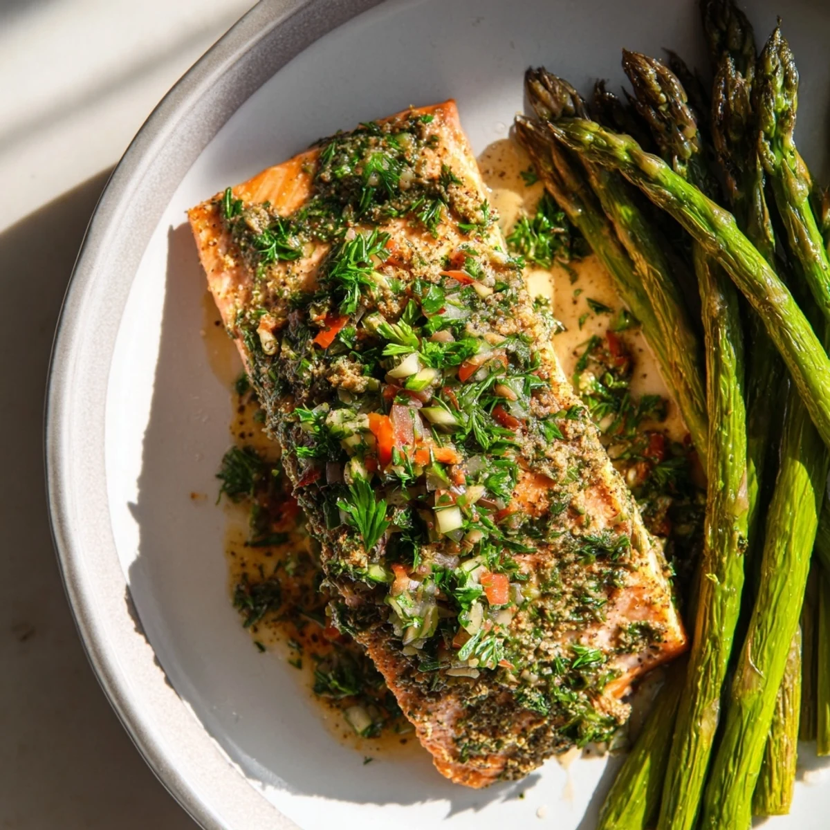 Perfectly cooked Easy Herb-Crusted Salmon showcasing a flavorful herb crust, alongside tender asparagus spears.