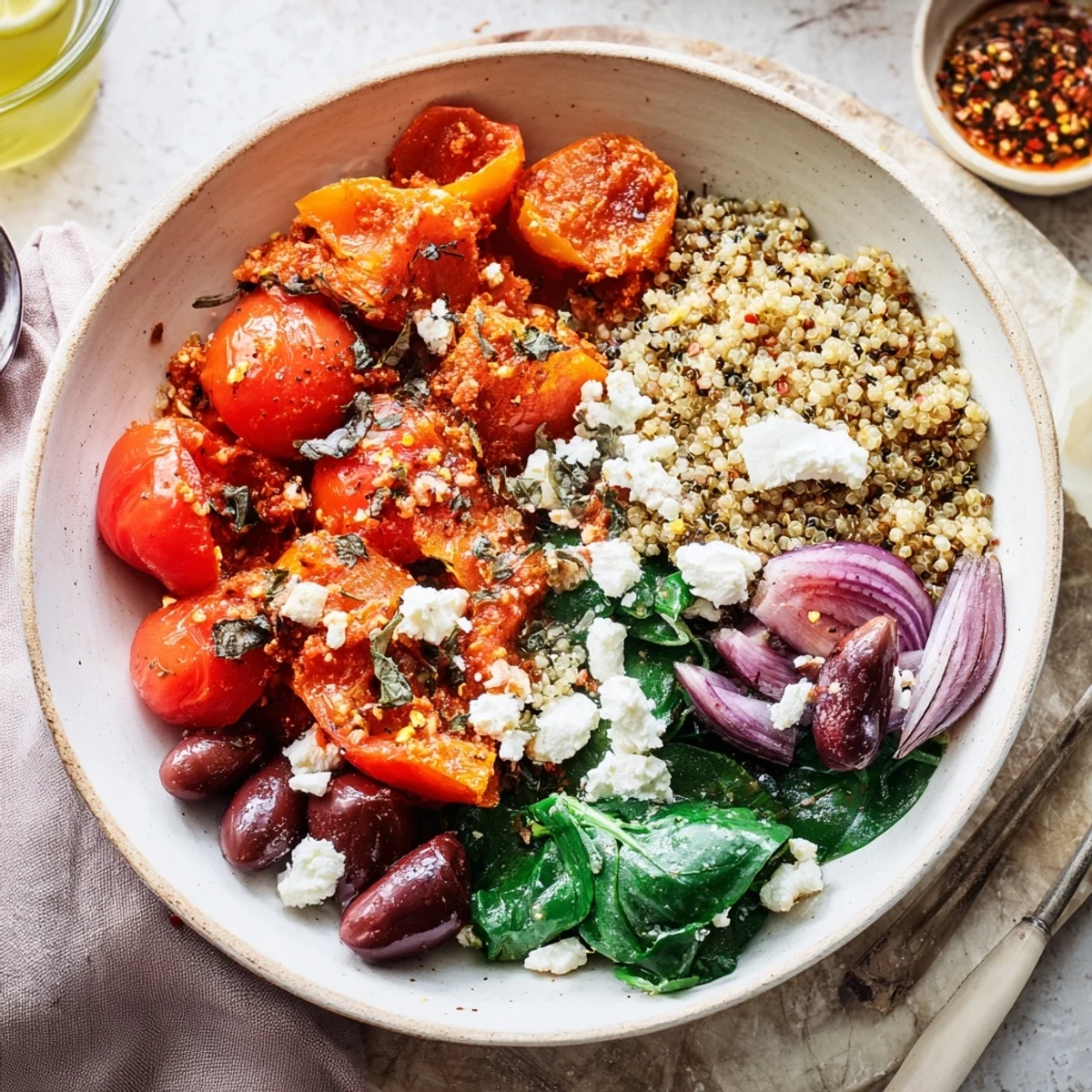 Vibrant Mediterranean Grain Bowl with Roasted Chickpeas, featuring colorful veggies and crumbled feta cheese.