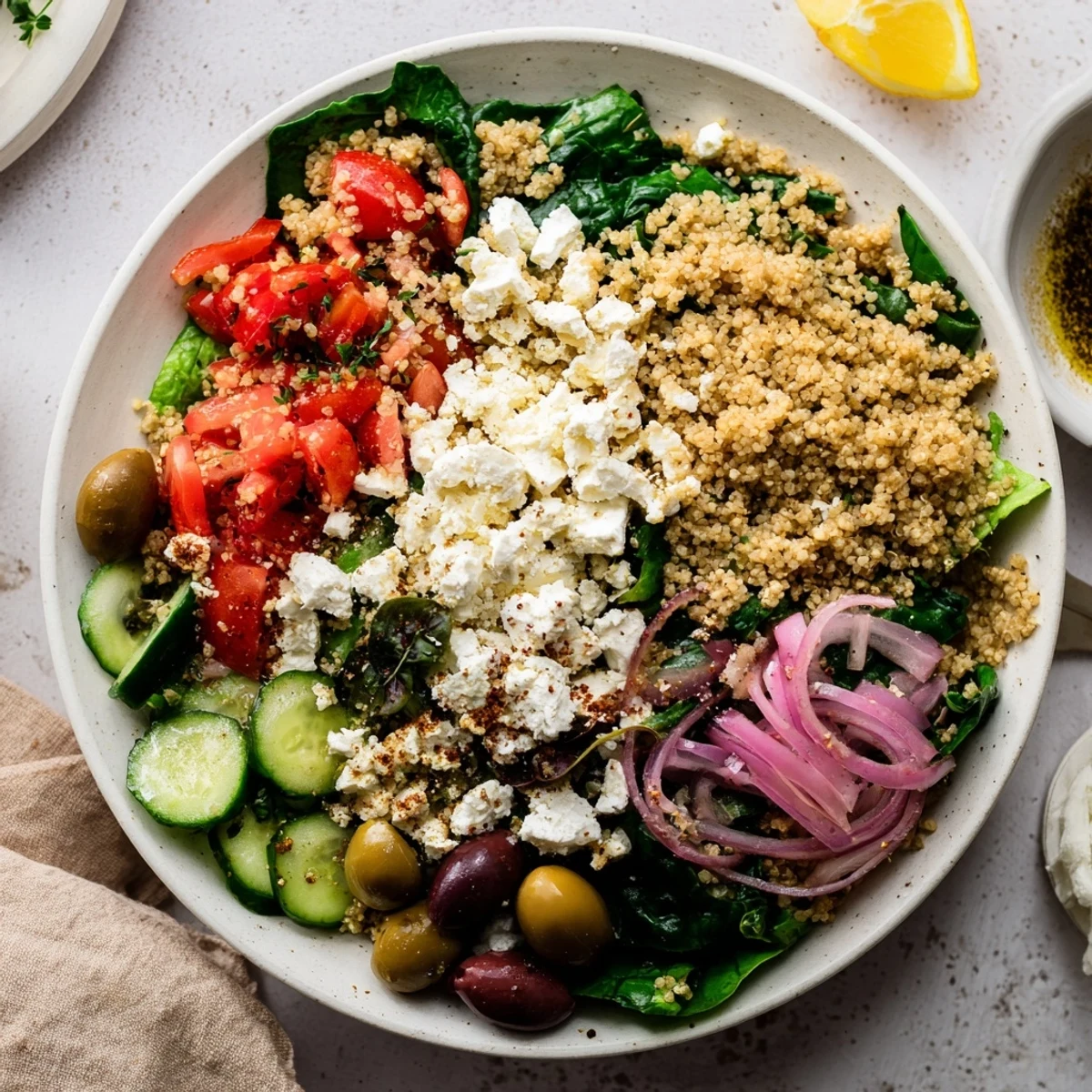 Freshly assembled Mediterranean Grain Bowl showcasing fluffy grains, crunchy chickpeas, and a bright lemon dressing.
