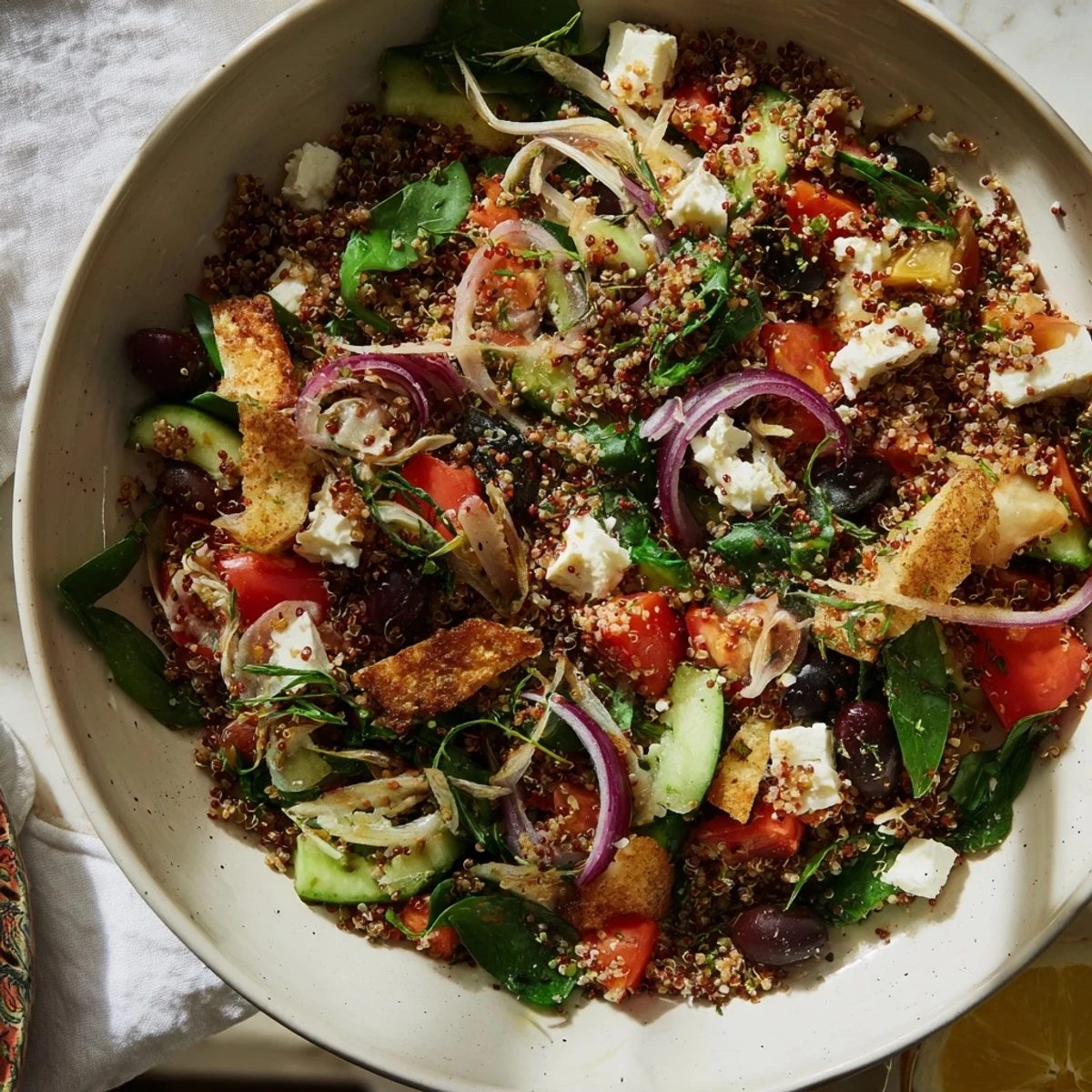 A close-up of a delicious Mediterranean Grain Bowl with roasted chickpeas and creamy feta; a healthy meal.