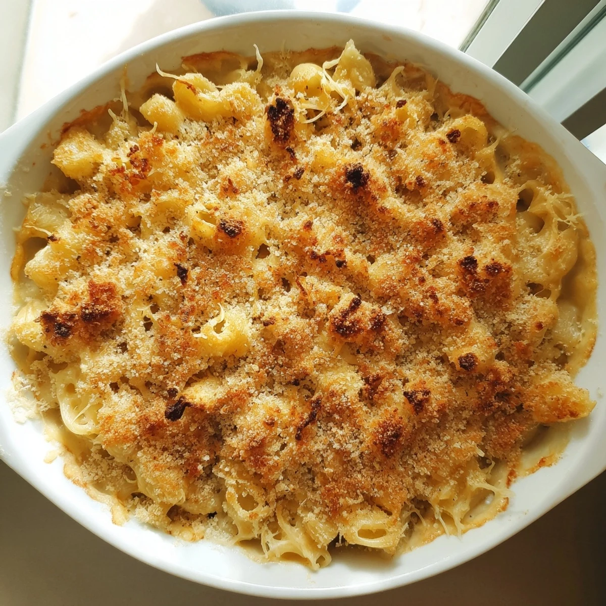 Golden crust tops bubbly, creamy Classic Oven-Baked Macaroni and Cheese, ready to serve this comforting meal.