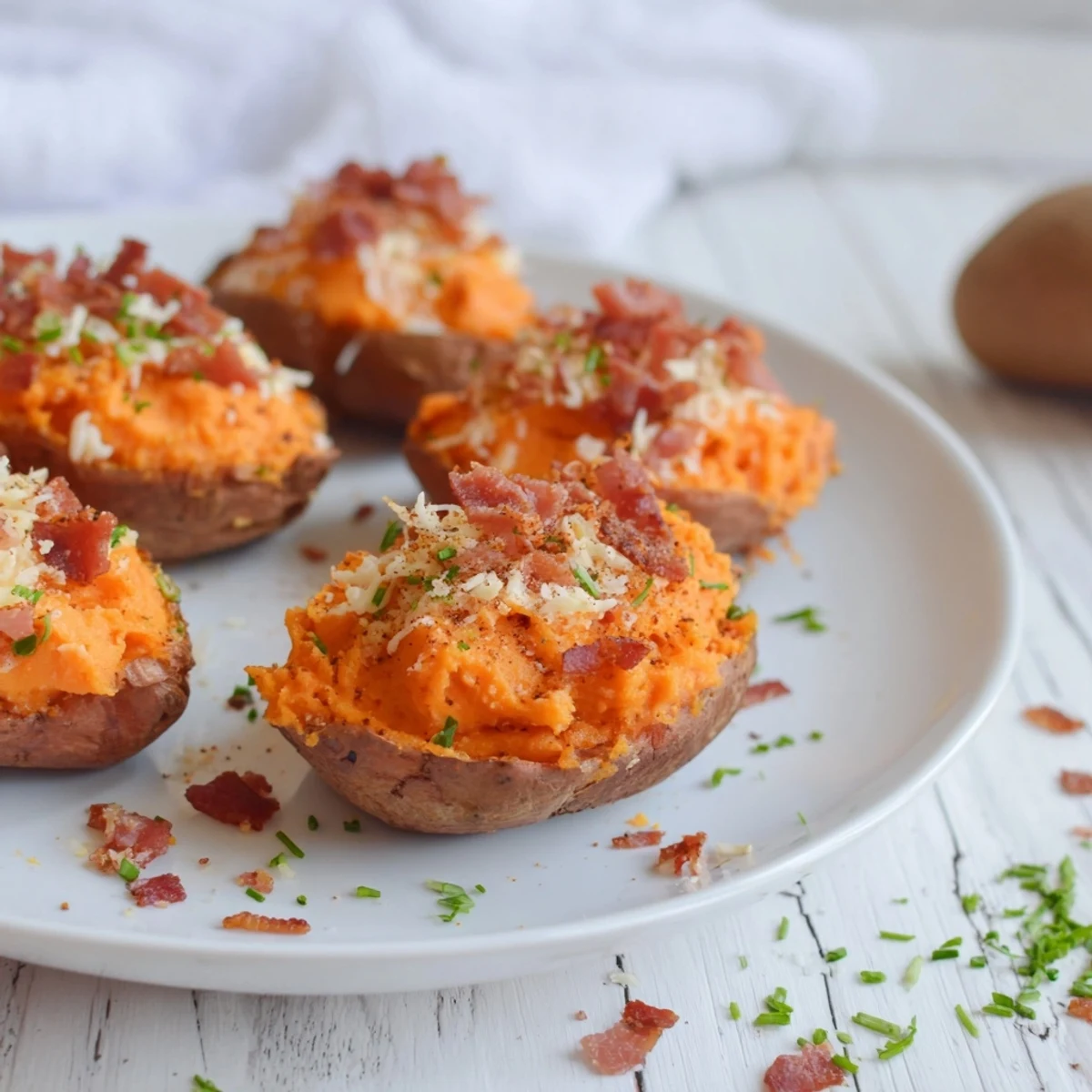 Perfectly plated Loaded Sweet Potato Skins: crispy potato skin, creamy filling, bacon, and chopped chives.
