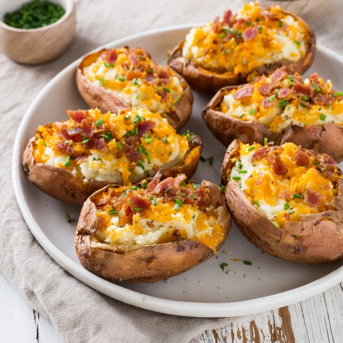 Mouthwatering image of baked Loaded Sweet Potato Skins with oozing cheese, bacon crumbles, and green herbs.