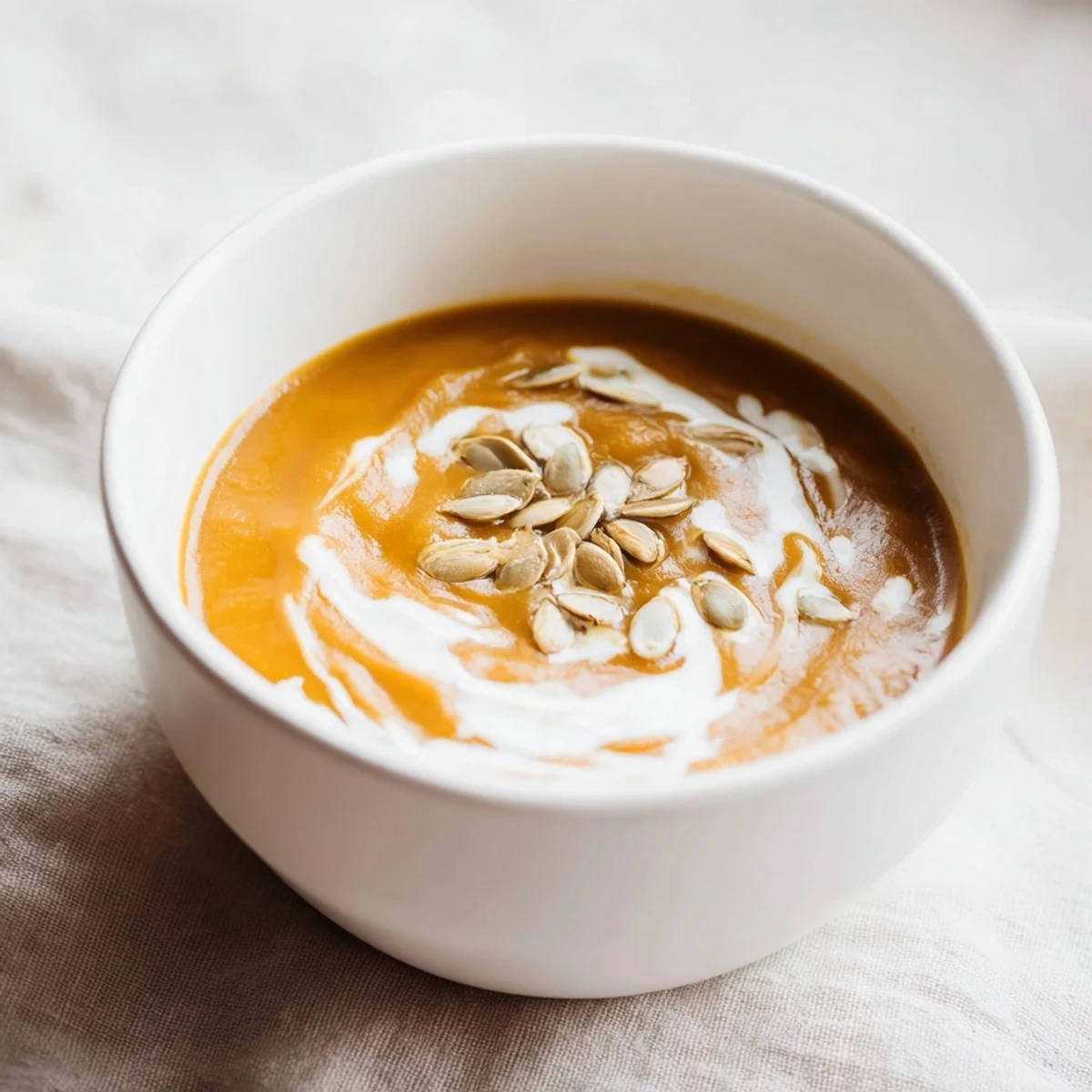 Creamy roasted pumpkin soup with toasted seeds, a warm bowl garnished with crunchy seeds and herbs.