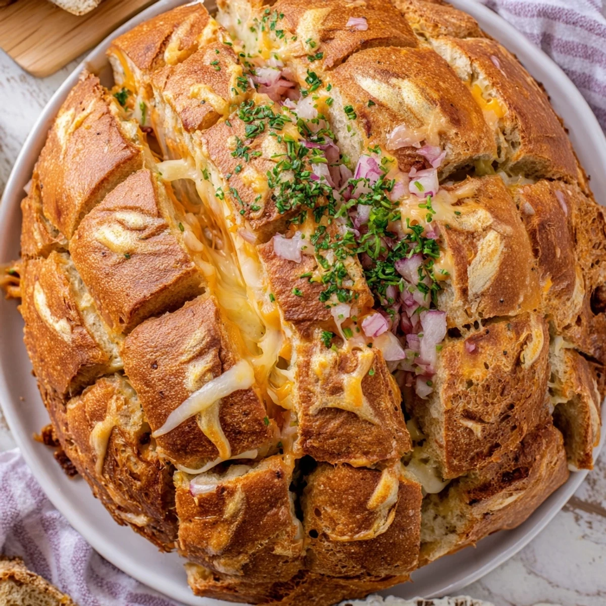 Golden, cheesy garlic pull-apart bread, perfectly baked with melted cheese and ready to eat warm.