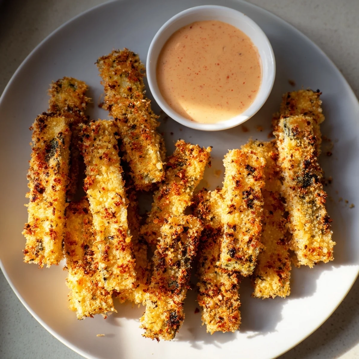 Picture of irresistible, oven-baked crispy Parmesan zucchini fries ready for snacking with a delicious sauce.