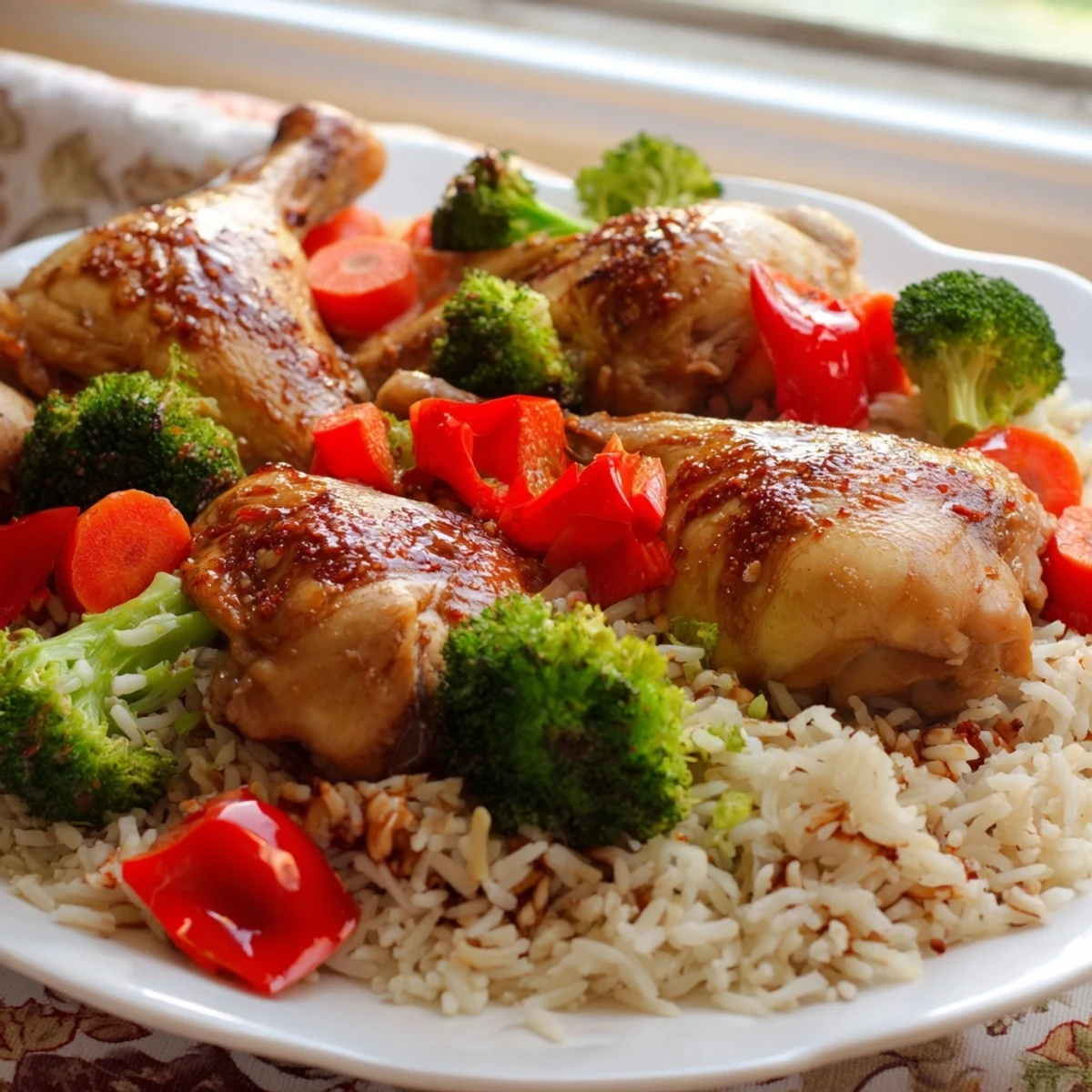 Golden, baked One-Pot Teriyaki Chicken and Rice, brimming with colorful veggies and savory sauce.