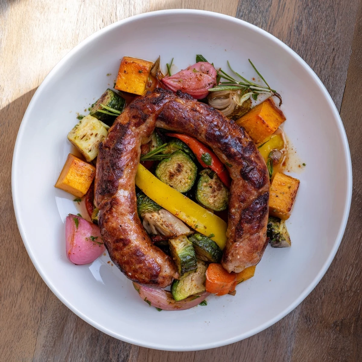 Golden-brown Hearty Sheet Pan Sausage and Autumn Veggie Medley, ready for a delicious, easy dinner.