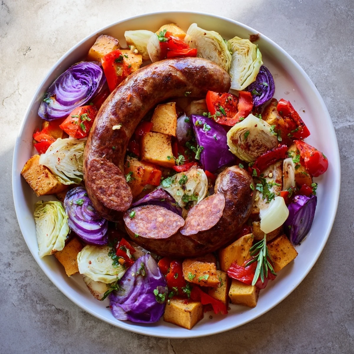 Roasted Italian sausages nestled amongst colorful autumn vegetables in the Hearty Sheet Pan Sausage.