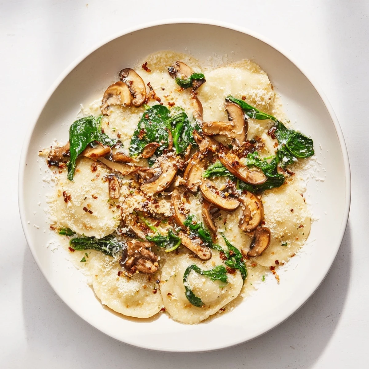 A single pan full of vibrant One-Dish Mushroom and Spinach Gnocchi, flavored with thyme and sauteed mushrooms.