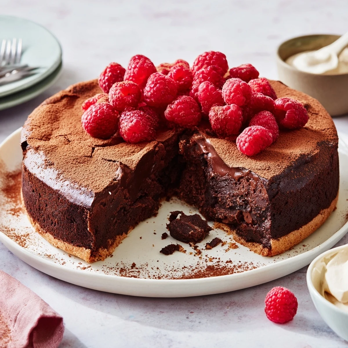 A luscious Decadent Dark Chocolate Brownie Tart ready to eat, dusted with cocoa powder and fresh berries.