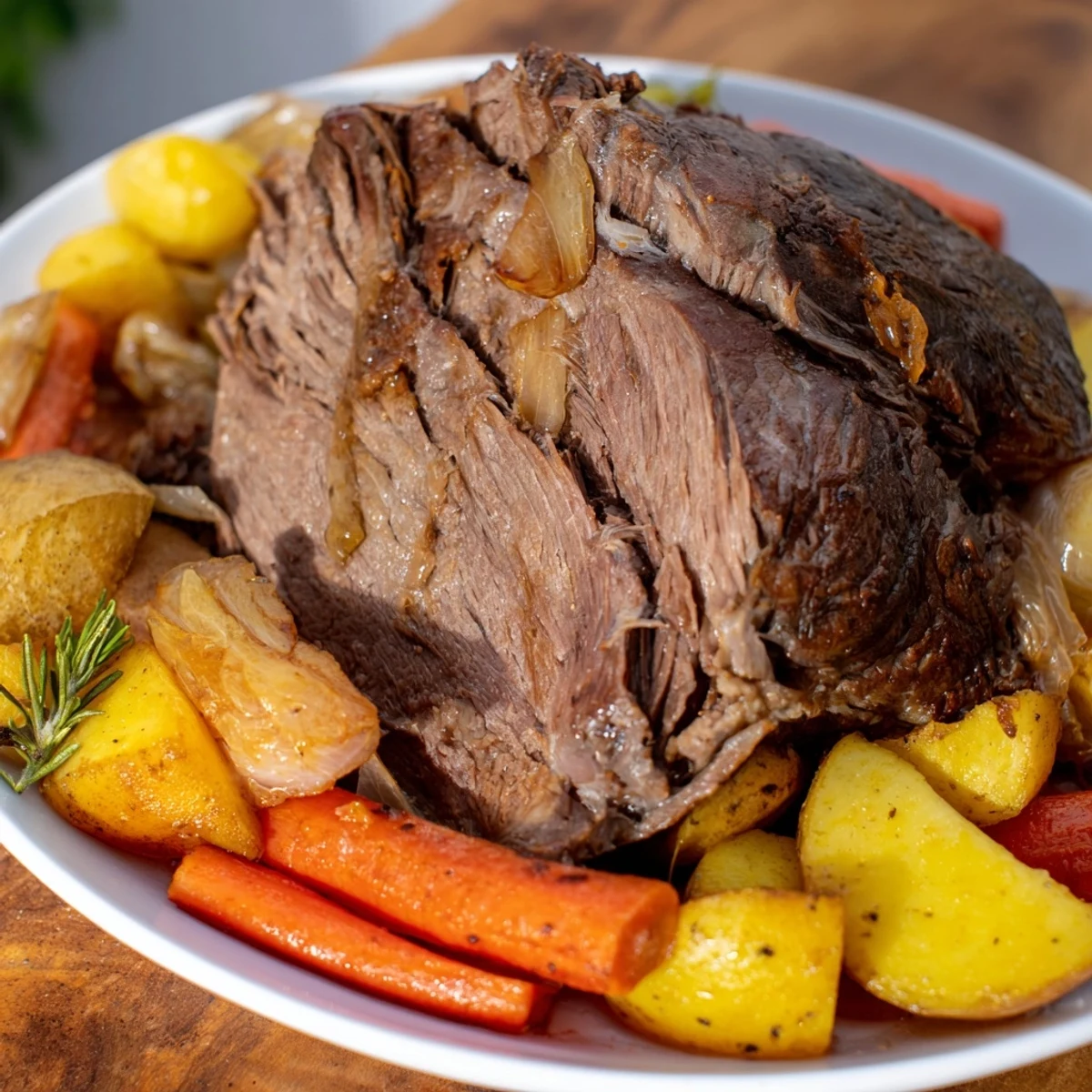 Tender Slow-Roasted Beef Pot Roast, surrounded by carrots and potatoes, ready to serve.