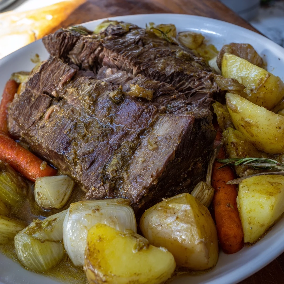 A steaming bowl of Slow-Roasted Beef Pot Roast, the savory aroma filling the kitchen.