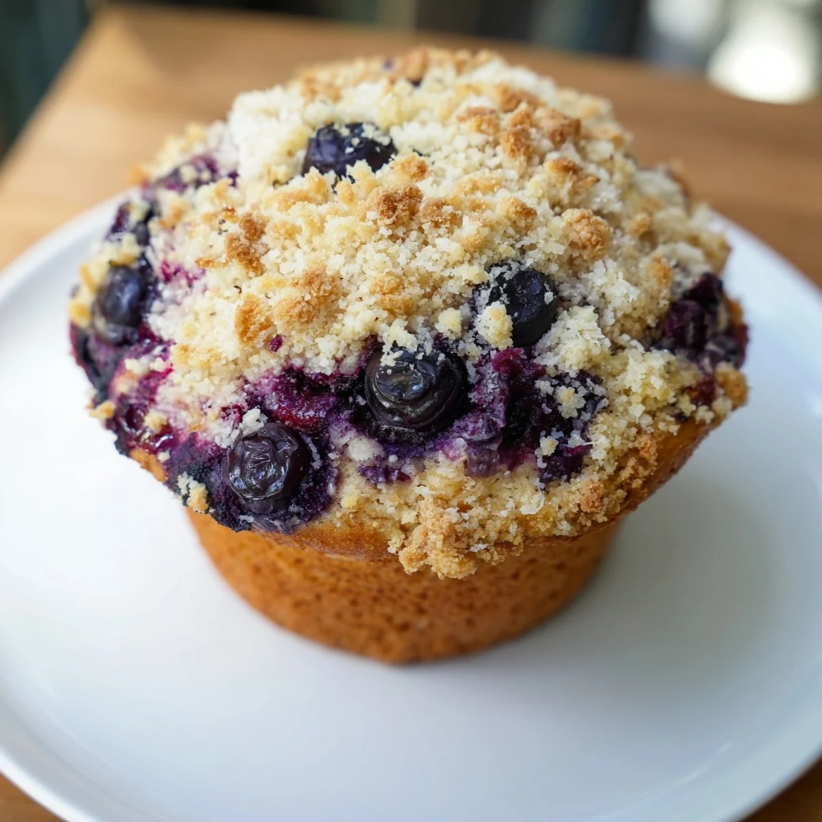 Golden-brown, fluffy homemade blueberry muffins with a crunchy streusel topping, perfect for breakfast.