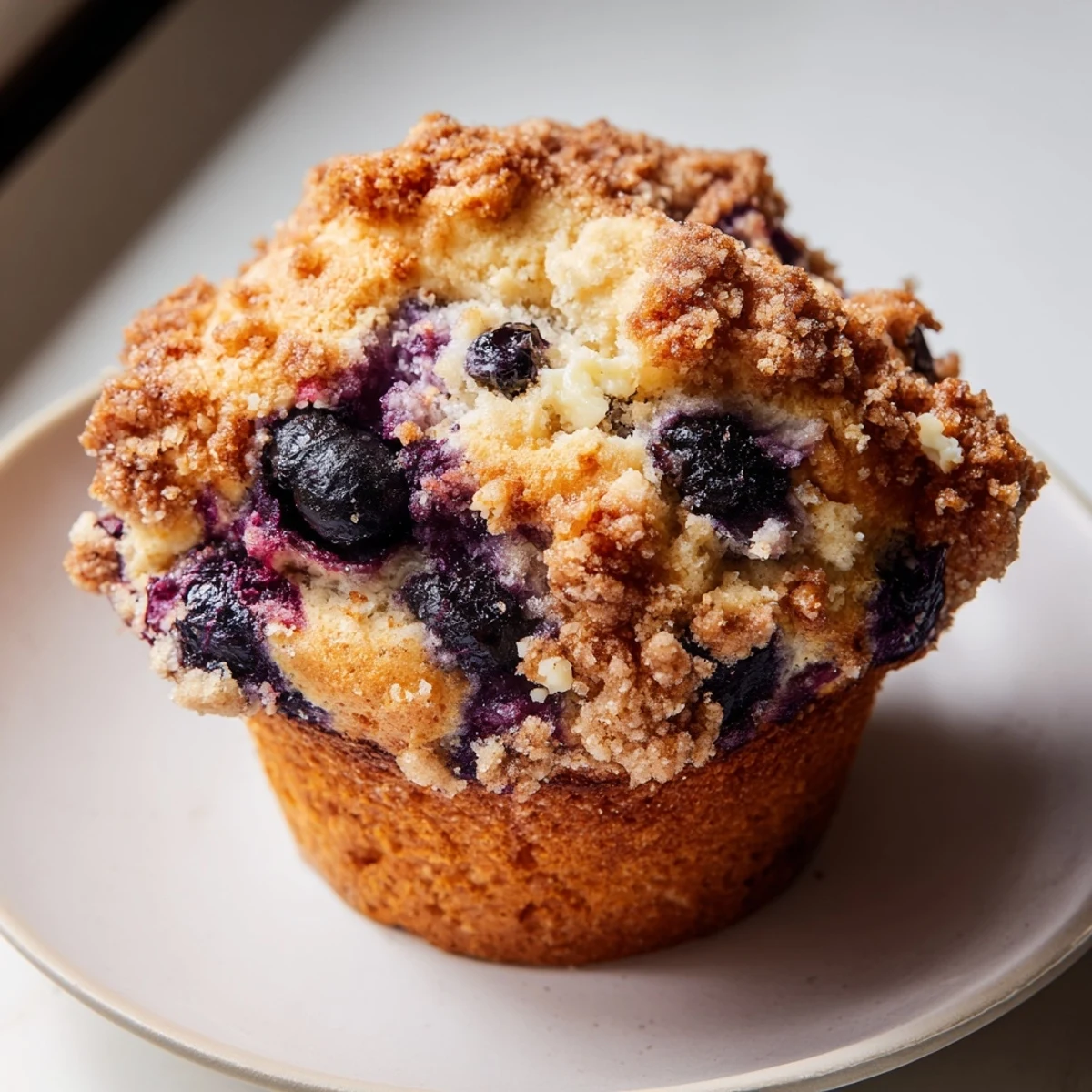 Close-up of moist homemade blueberry muffins, showcasing juicy berries and the sweet streusel crumble.