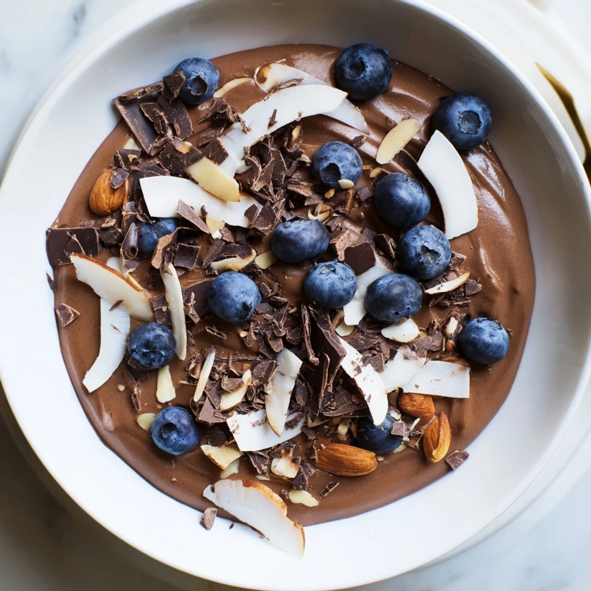 Silky, dark chocolate avocado mousse, topped with fresh berries, offering a vibrant dessert.