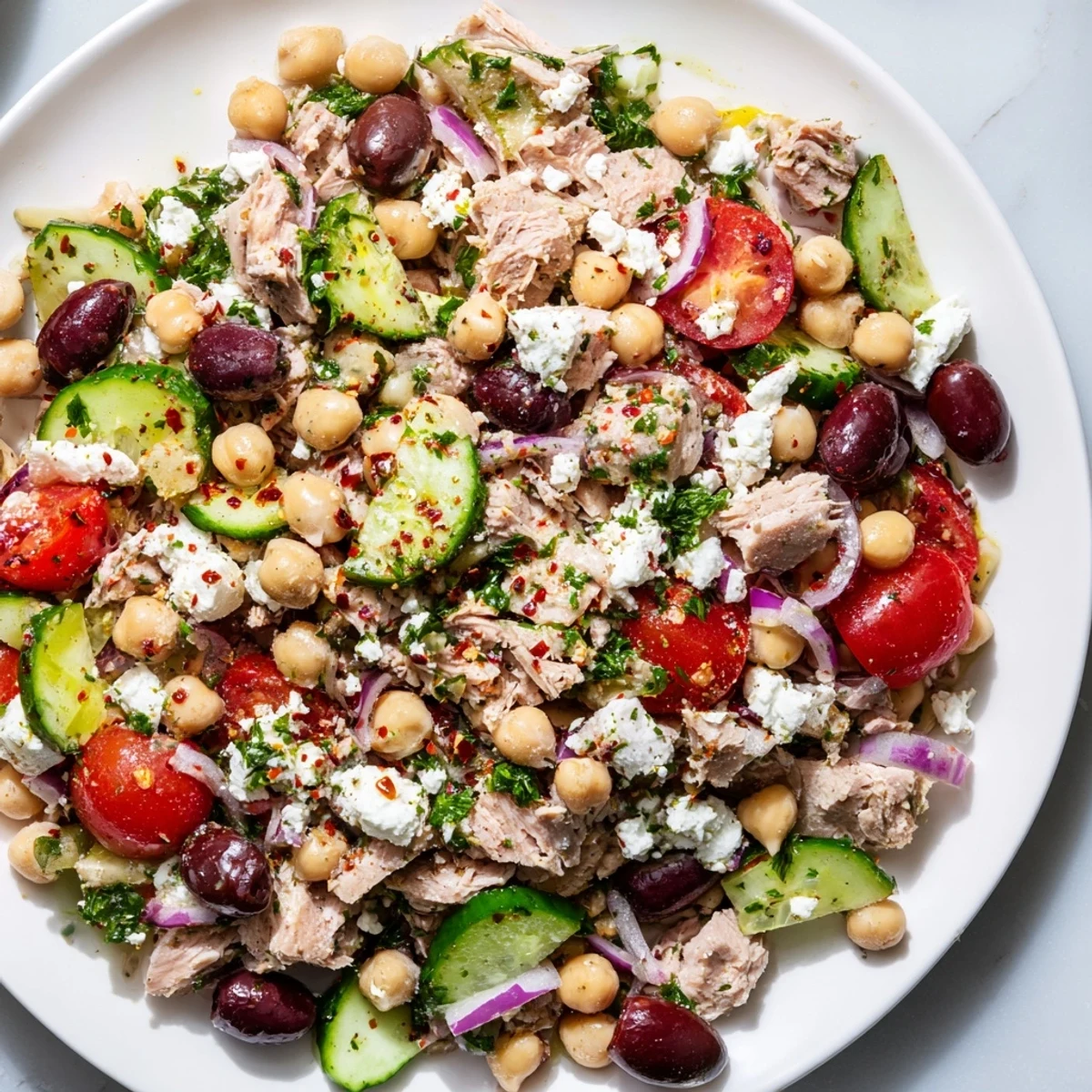Fresh Tuna Chickpea Salad, bursting with colorful veggies and a bright lemon dressing.