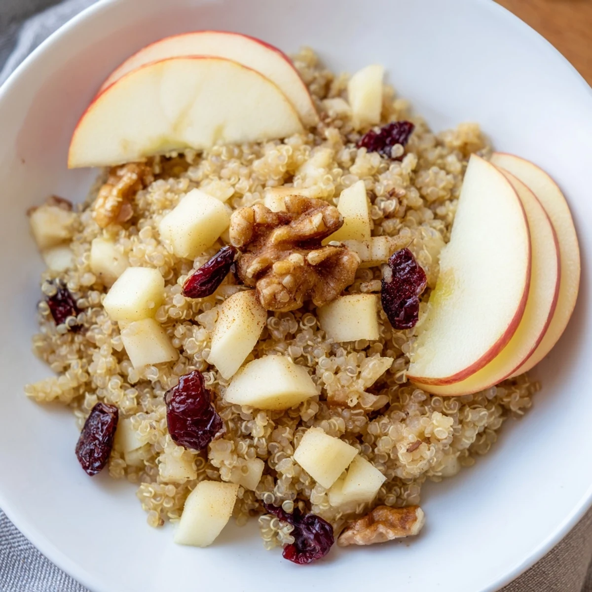 Steaming Apple Cinnamon Quinoa Bowl, topped with nuts and fruit, for a warm and satisfying breakfast.