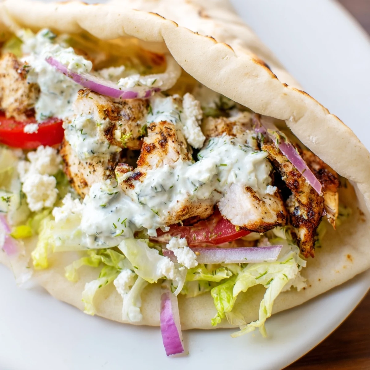 Golden chicken pieces in Greek Chicken Souvlaki Wraps contrasting with fresh, colorful vegetables and drizzle.