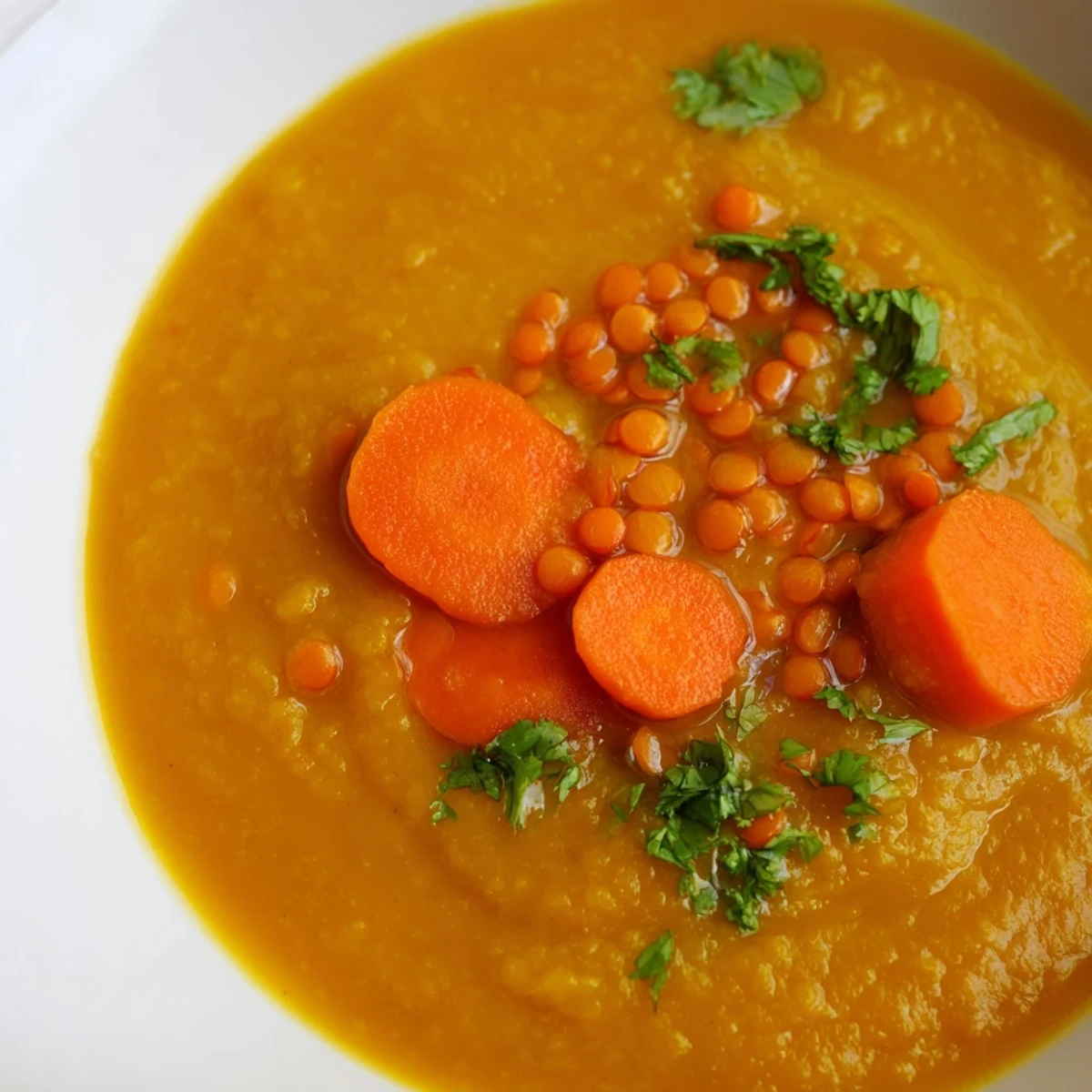 Steaming bowl of Spiced Carrot Lentil Soup, offering a rich aroma and vibrant carrot color.