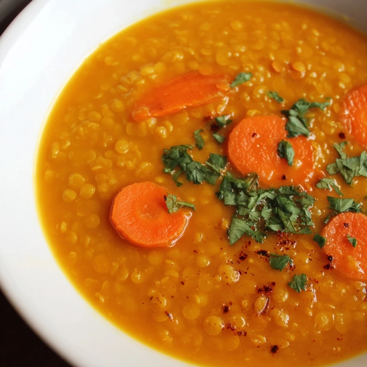 A close-up shot of hearty Spiced Carrot Lentil Soup, perfectly garnished and ready to serve.