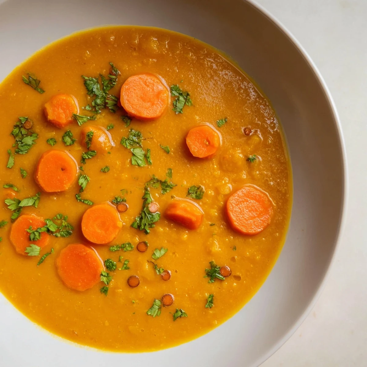 Enjoy a spoonful of the flavorful, spiced Spiced Carrot Lentil Soup alongside crusty bread.