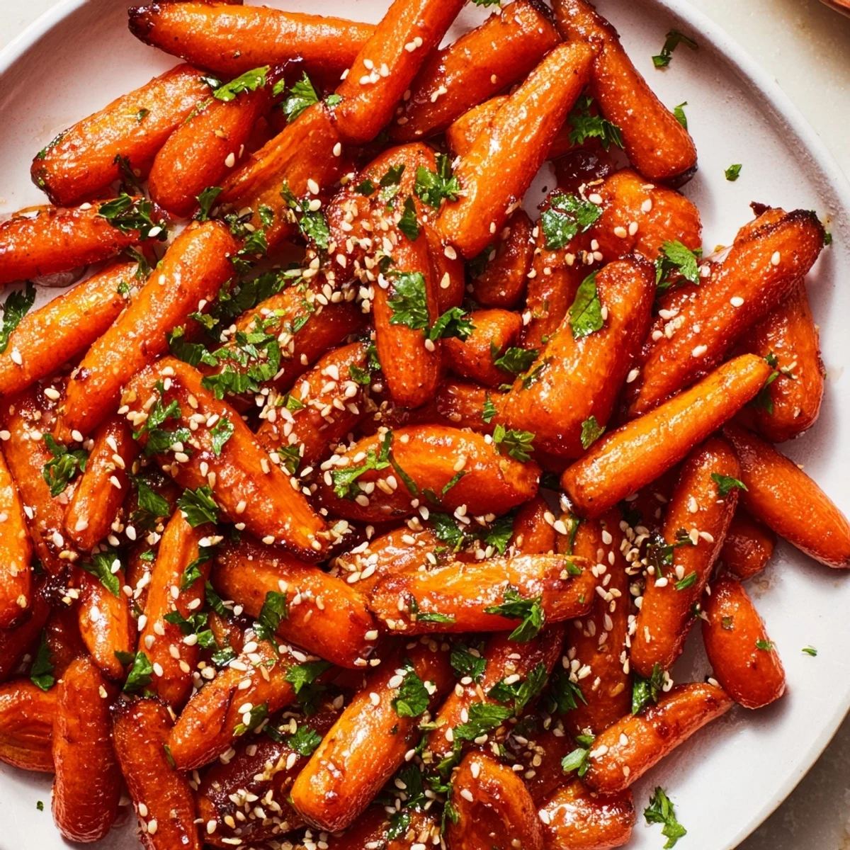A vibrant close-up shows tender Maple Mustard Roasted Carrots, ready to serve as a flavorful side.