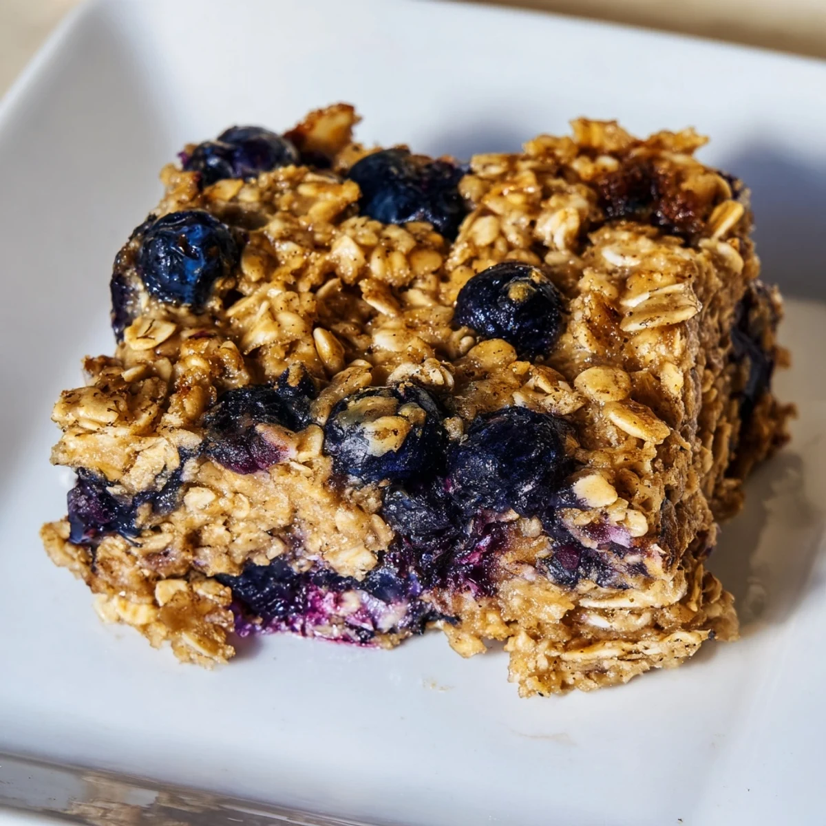 Fresh blueberries dot the top of these homemade Blueberry Banana Oatmeal Protein Bars, ready to eat.