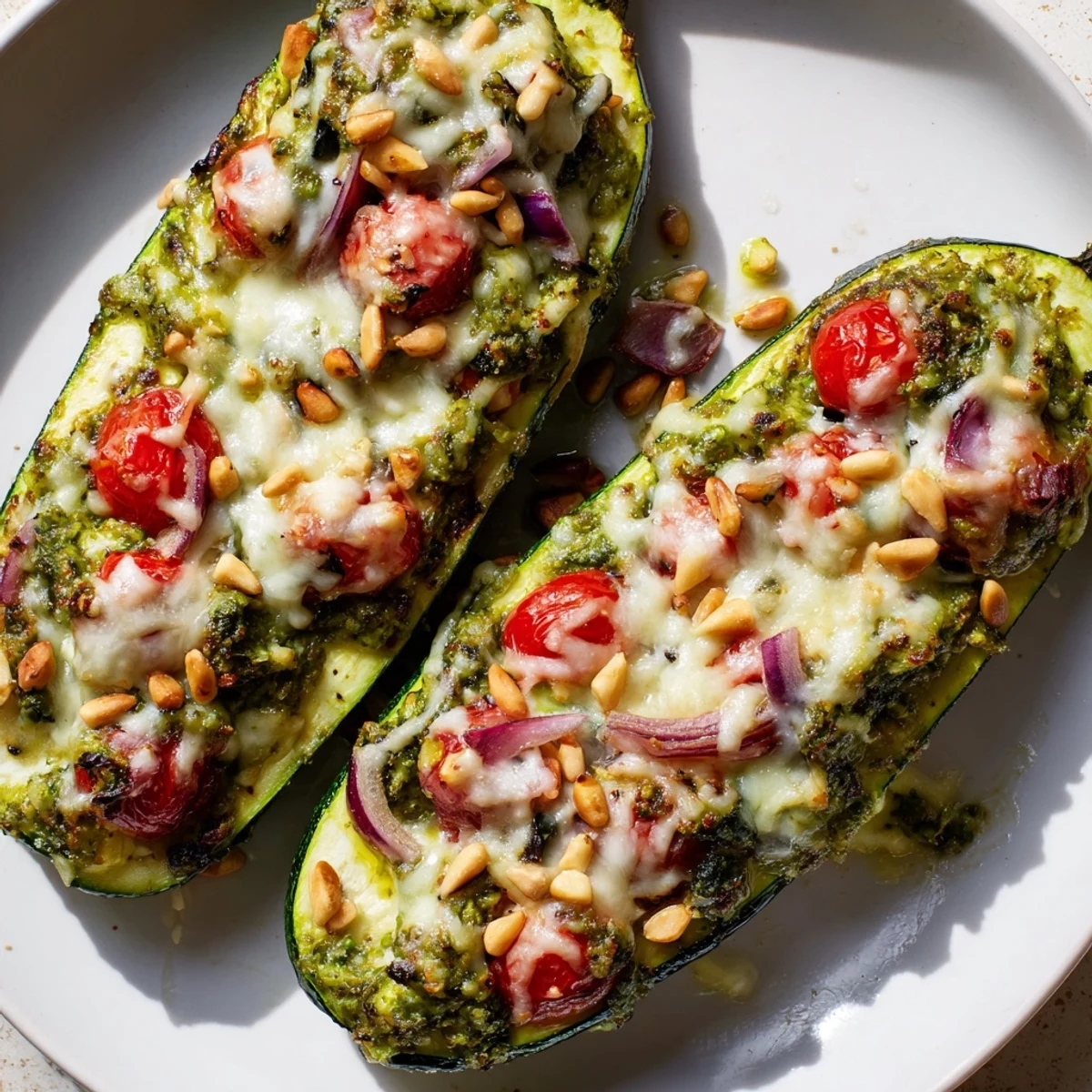 Golden, bubbly melted cheese topping fresh Cheesy Pesto Zucchini Boats filled with savory vegetables.