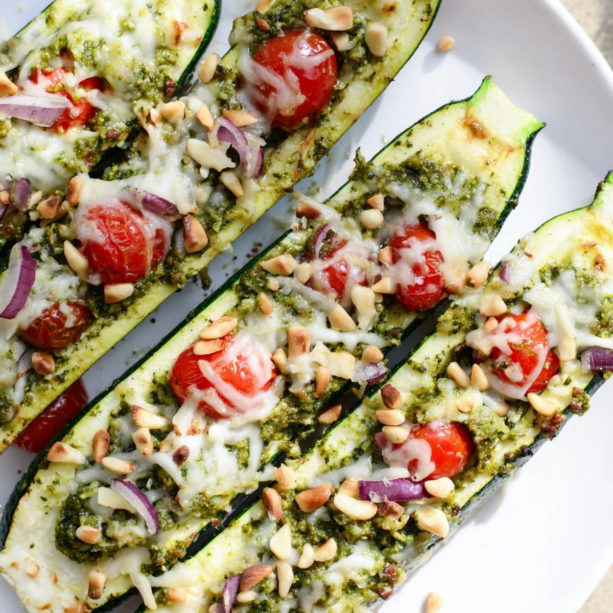 Cheesy Pesto Zucchini Boats