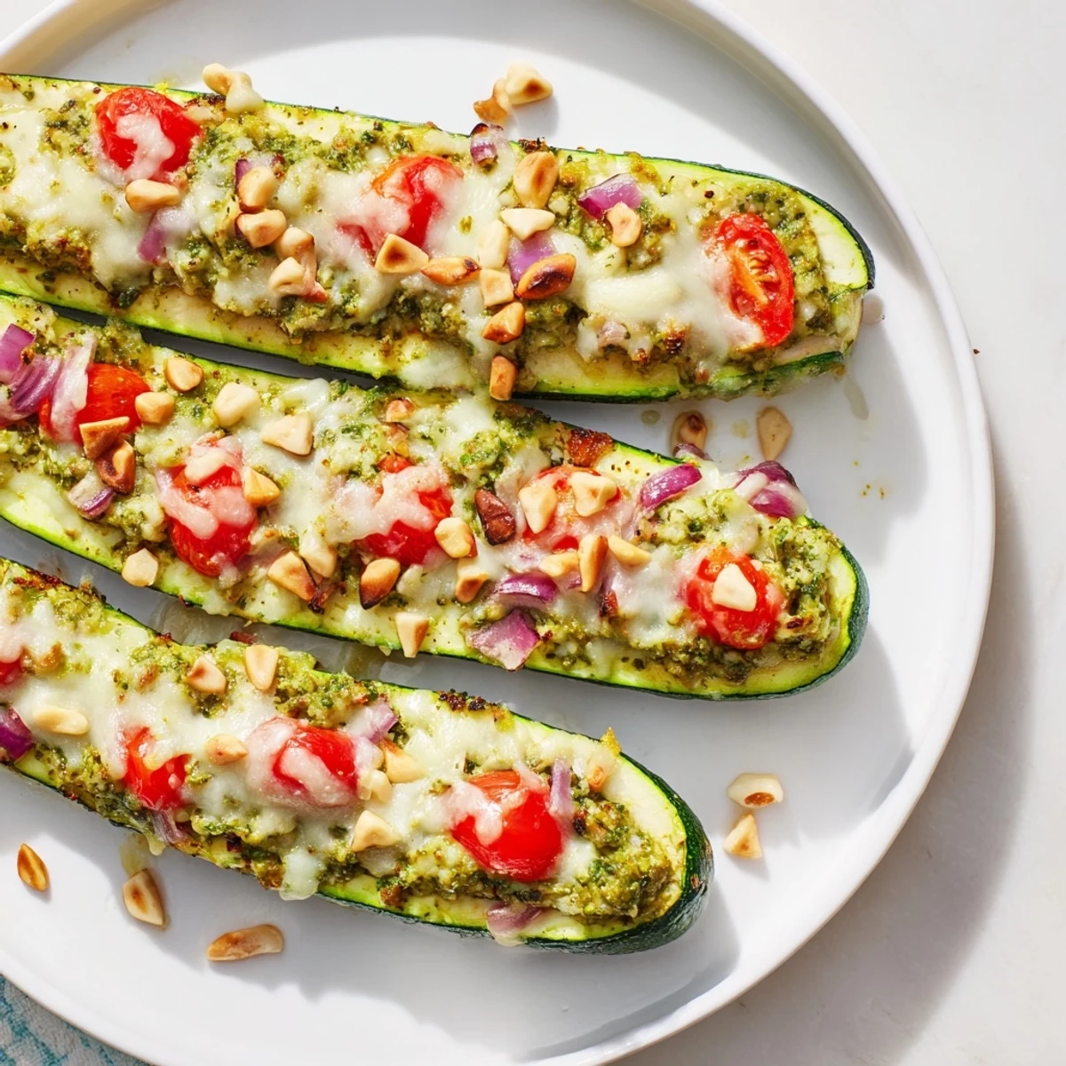 These baked Cheesy Pesto Zucchini Boats showcase vibrant pesto filling and a hearty vegetarian meal.