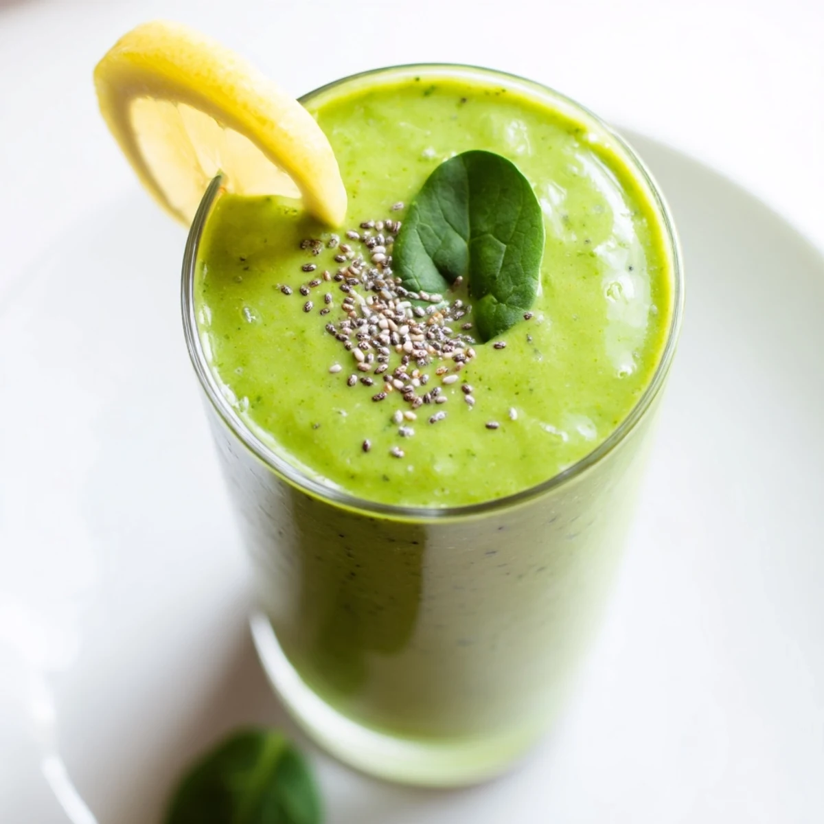 Fresh Spinach Avocado Smoothie, a creamy, vibrant green drink served in a tall glass.