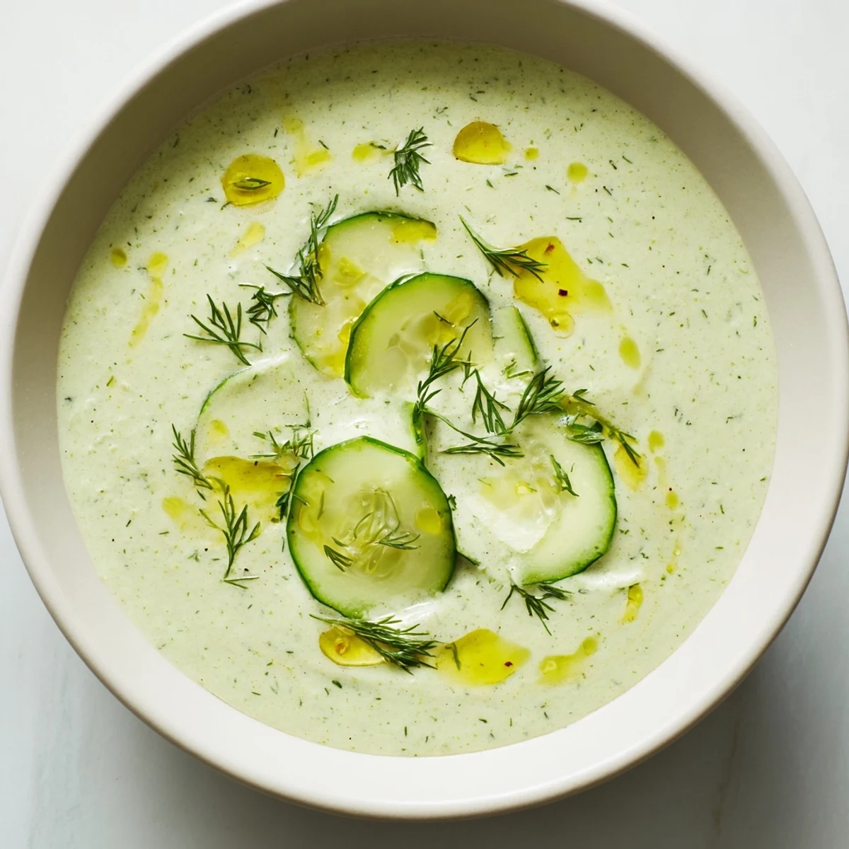 Creamy chilled cucumber garlic soup garnished with fresh dill, ready to cool you down.