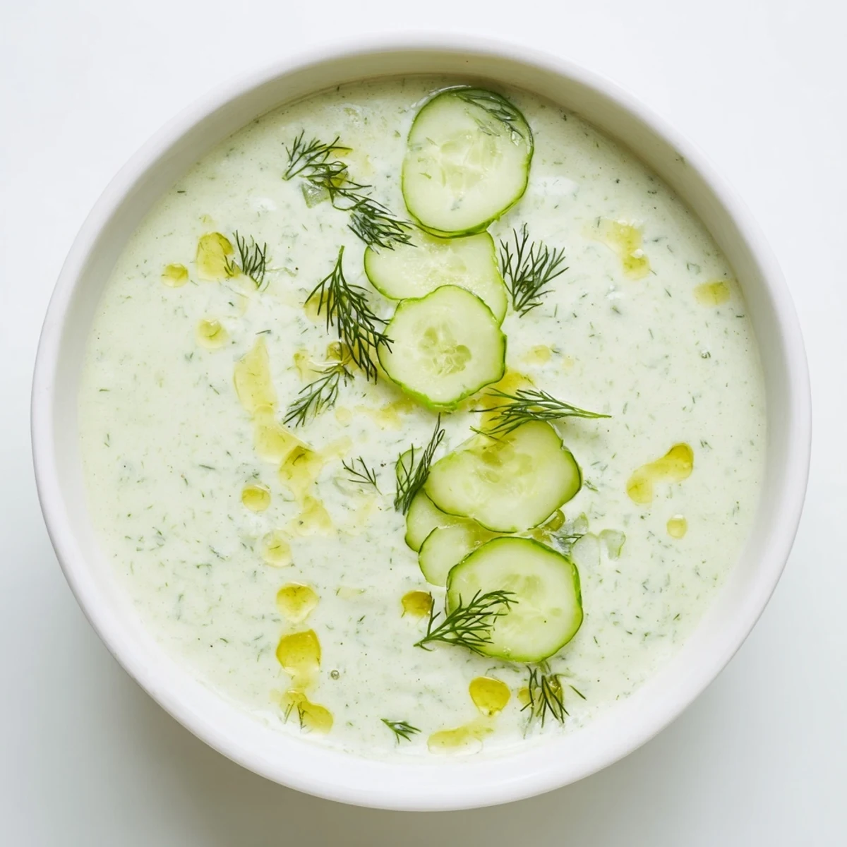 Bright green chilled cucumber garlic soup, blended smooth, ready to be served in chilled bowls.