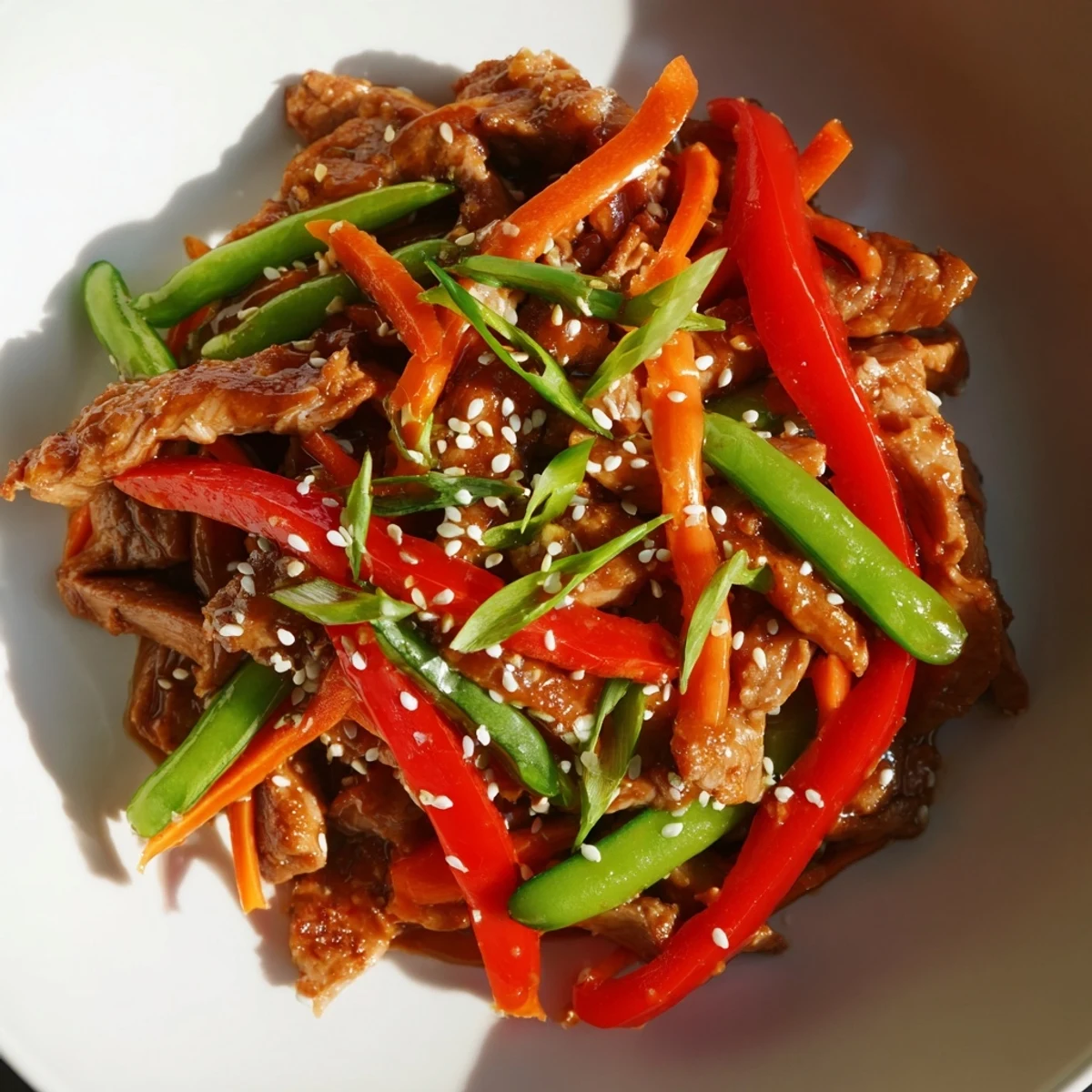 Sweet teriyaki pork stir-fry glistens with a savory sauce, alongside colorful bell peppers and carrots.