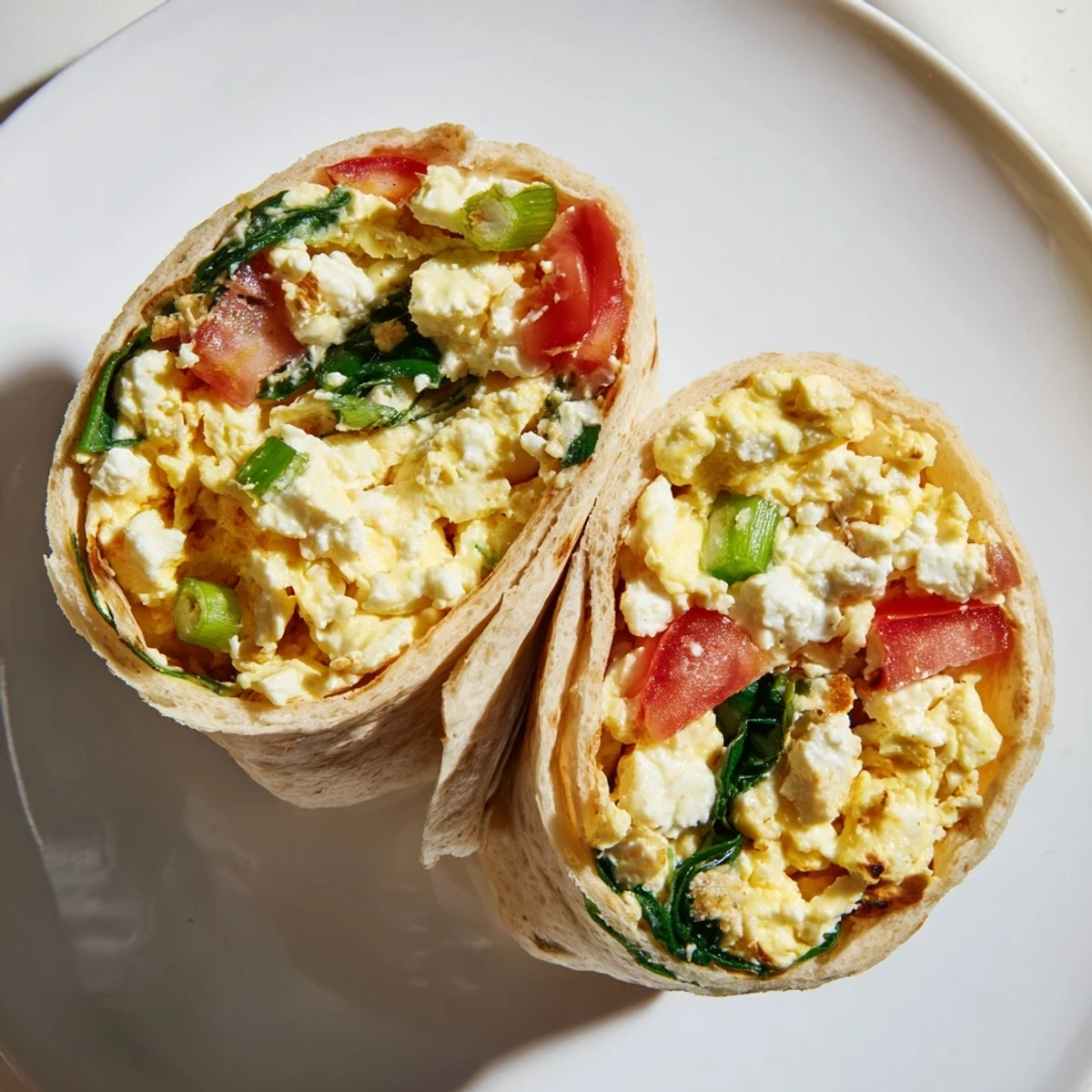 Savory feta egg wrap filled with fluffy eggs, vegetables, and creamy feta, ready to enjoy.