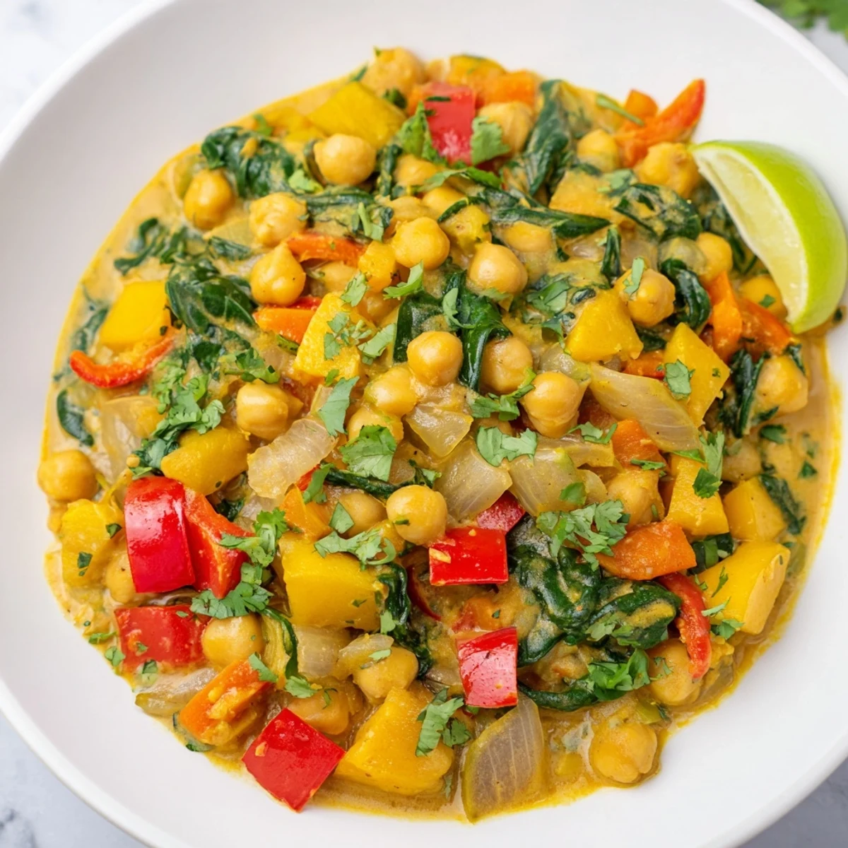 Steaming Chickpea Curry in a pot, with vibrant red bell peppers and a creamy coconut broth.