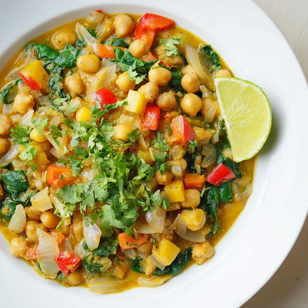 A bowl of fragrant Chickpea Curry, garnished with fresh cilantro and a squeeze of lime.