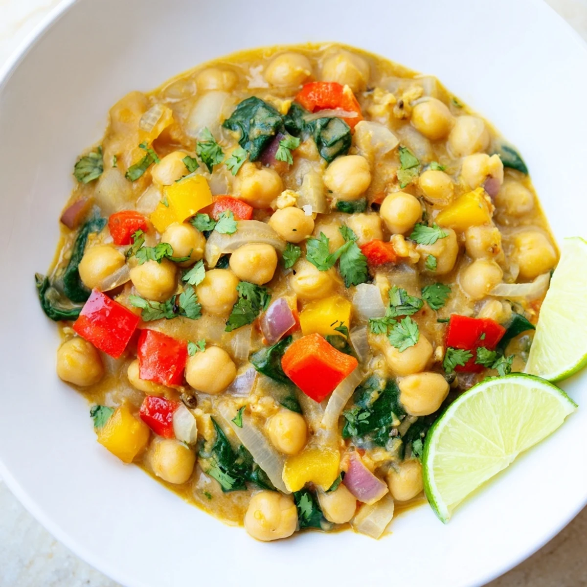 Golden-hued, one-pot Chickpea Curry with visible chickpeas and tender spinach, ready to eat.