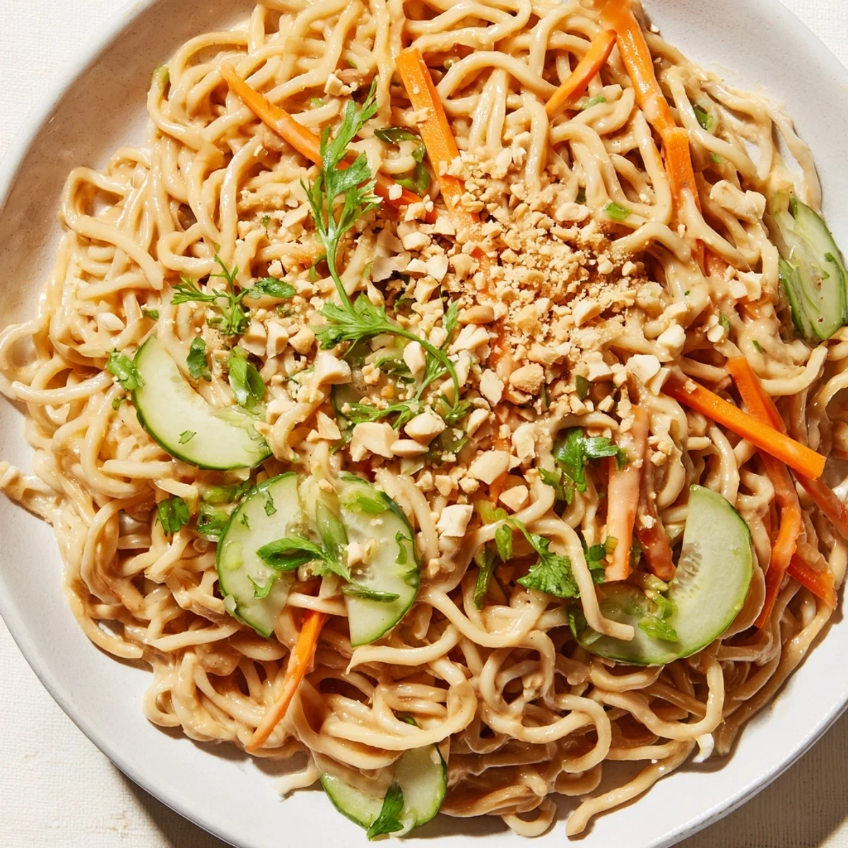 Cold sesame noodles drizzled with a rich sauce, topped with crisp vegetables for a fresh lunch.