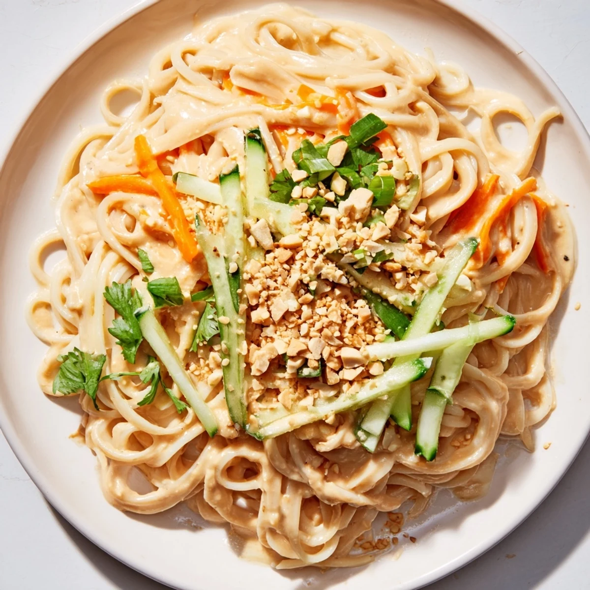 A bowl of vibrant cold sesame noodles with colorful carrots and cucumbers ready to enjoy.
