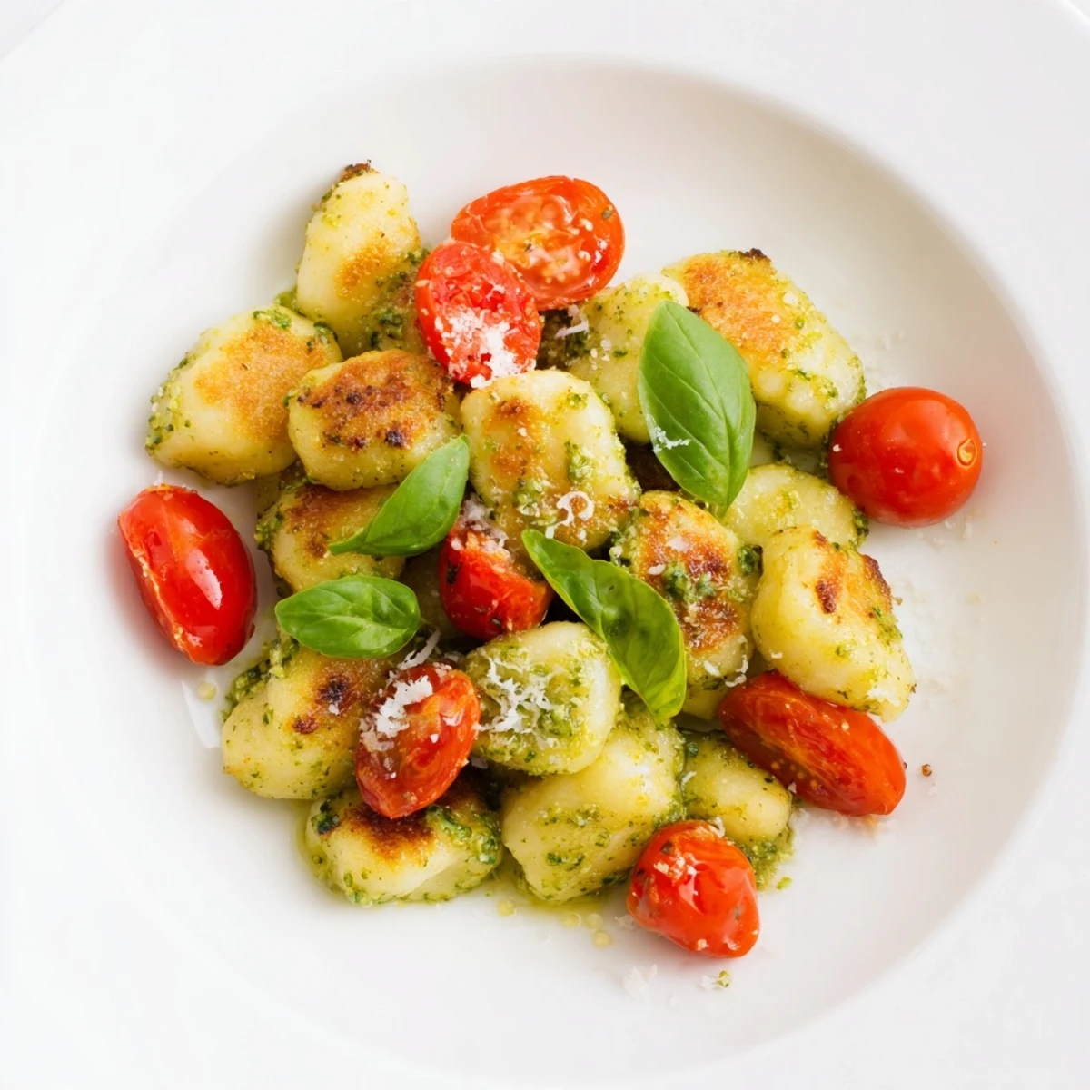 Golden-brown crispy gnocchi with vibrant pesto, cherry tomatoes, and Parmesan making a delicious vegetarian meal.