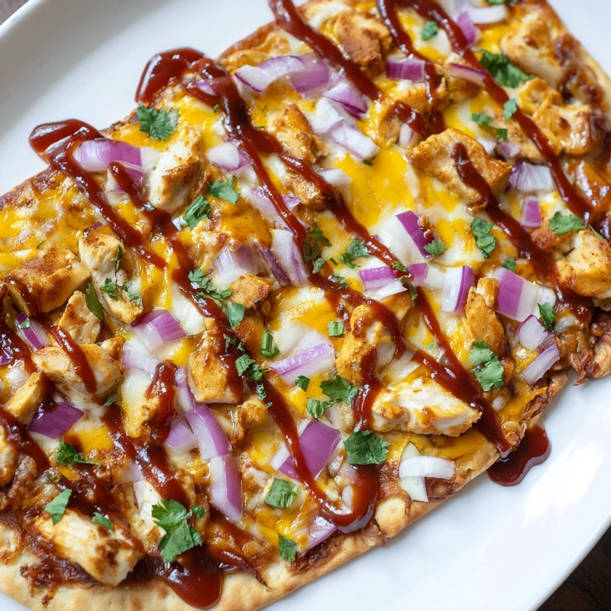 BBQ chicken flatbread, a delicious meal with melted cheese and fresh red onion toppings.