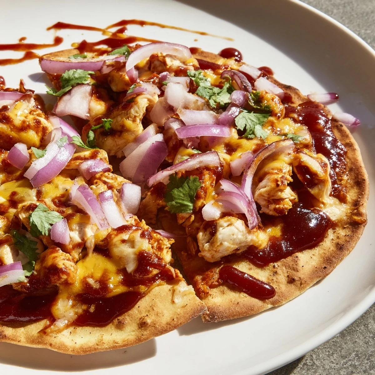 This BBQ chicken flatbread showcases a quick, easy dinner with juicy chicken and fresh cilantro.