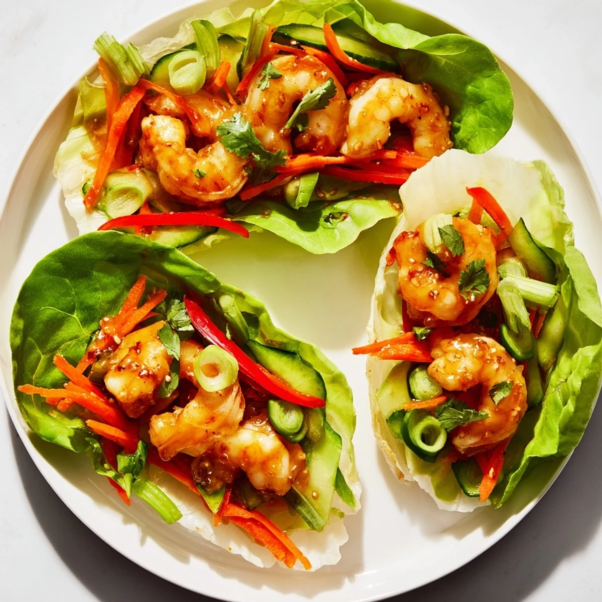 Savory shrimp lettuce cups overflowing with colorful vegetables, a fresh and healthy meal.
