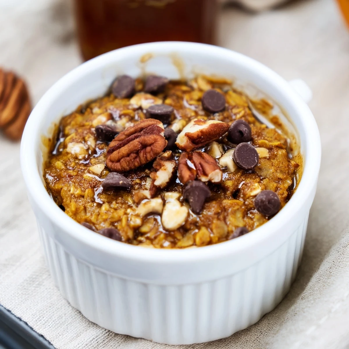 Pumpkin Spice Baked Oats with a golden crust, perfect for a cozy fall breakfast.