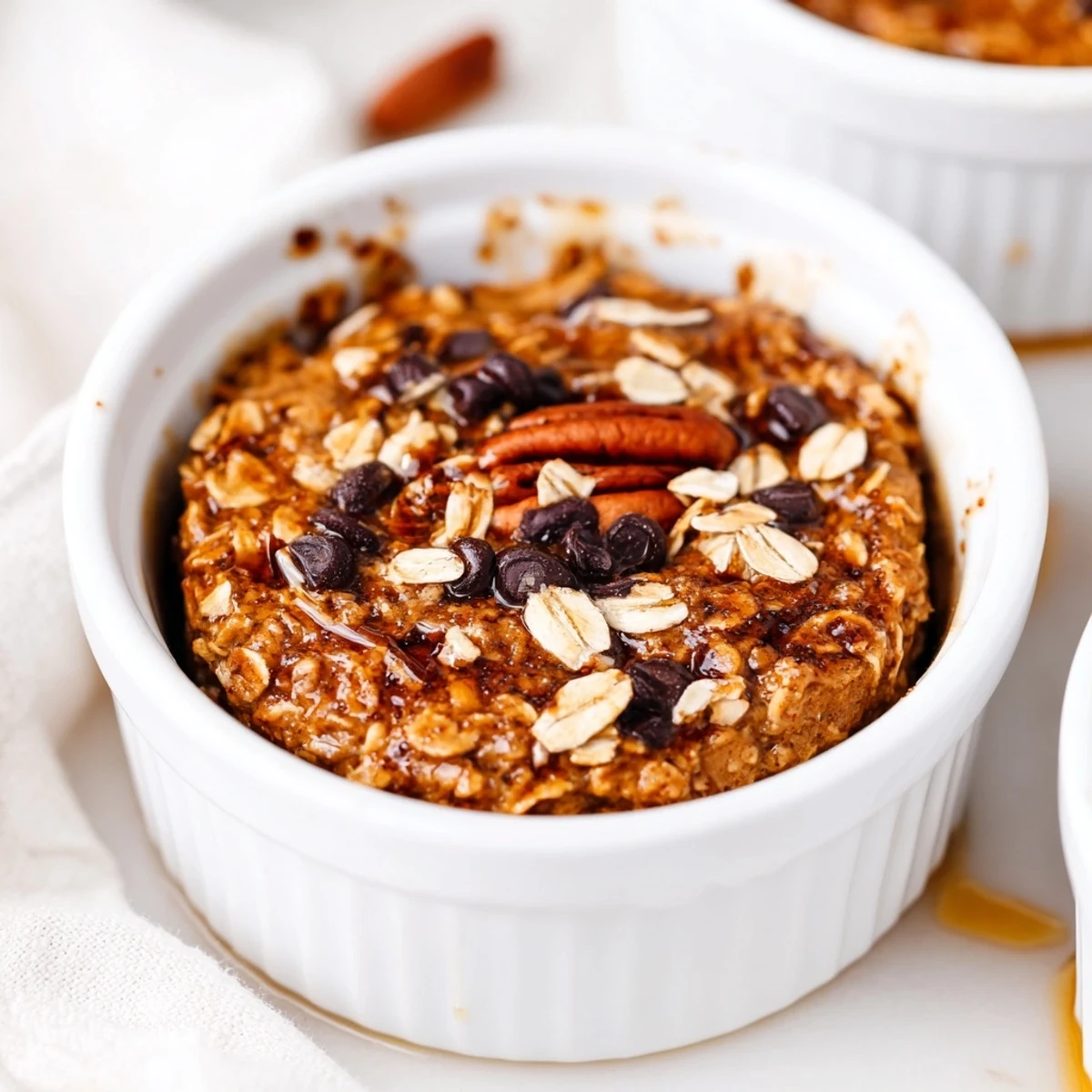 Close-up of fluffy Pumpkin Spice Baked Oats topped with pecans, ideal for a sweet start.